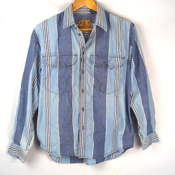 Vintage Tops - Women's Vintage Long Sleeve Striped Denim Chambray Shirt